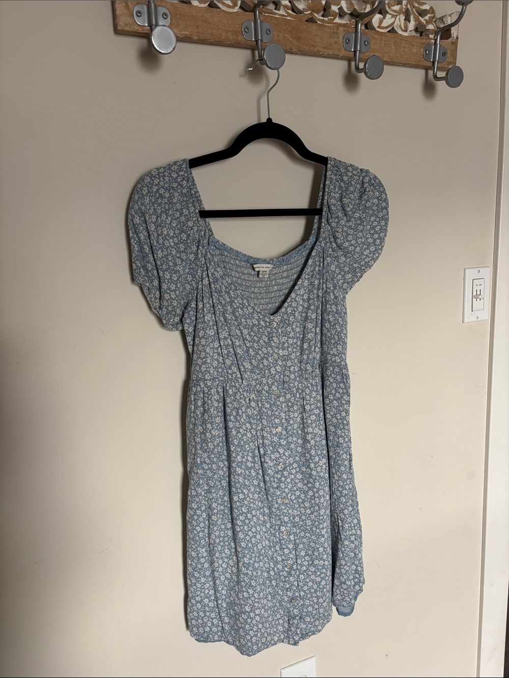 American Eagle Outfitters Light Blue Floral Puff-Sleeve Mini Dress